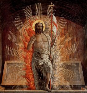 The Risen Christ is depicted in the painting "Resurrection" by 15th-century Italian master Andrea Mantegna. Easter, the chief feast in the liturgical calendars of all Christian churches, commemorates Christ's resurrection from the dead. Easter is March 27 this year. (CNS/Bridgeman Images) Editors: This image is made available for one-time editorial use online and in print through April 25, 2016. No use is permitted after April 25, 2016.